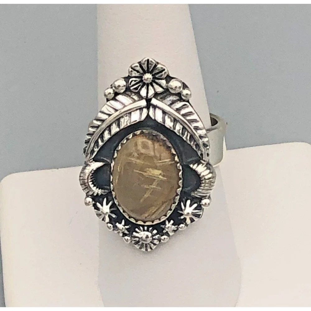 Navajo Handmade Rutilated Quartz Sterling Silver Ring Sz 8 Adjustable Flowers